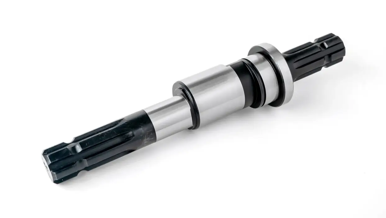 A metal eccentric shaft component with splined ends and cylindrical sections, displayed on a white background.
