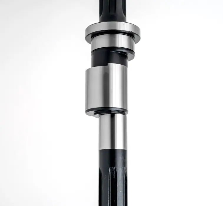 A metal eccentric shaft component with splined ends and cylindrical sections, displayed vertically on a white background.