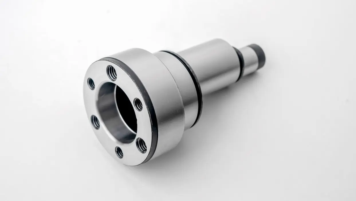 A metal shaft component with a flanged end, multiple bolt holes, and a tapered body, displayed on a white background.