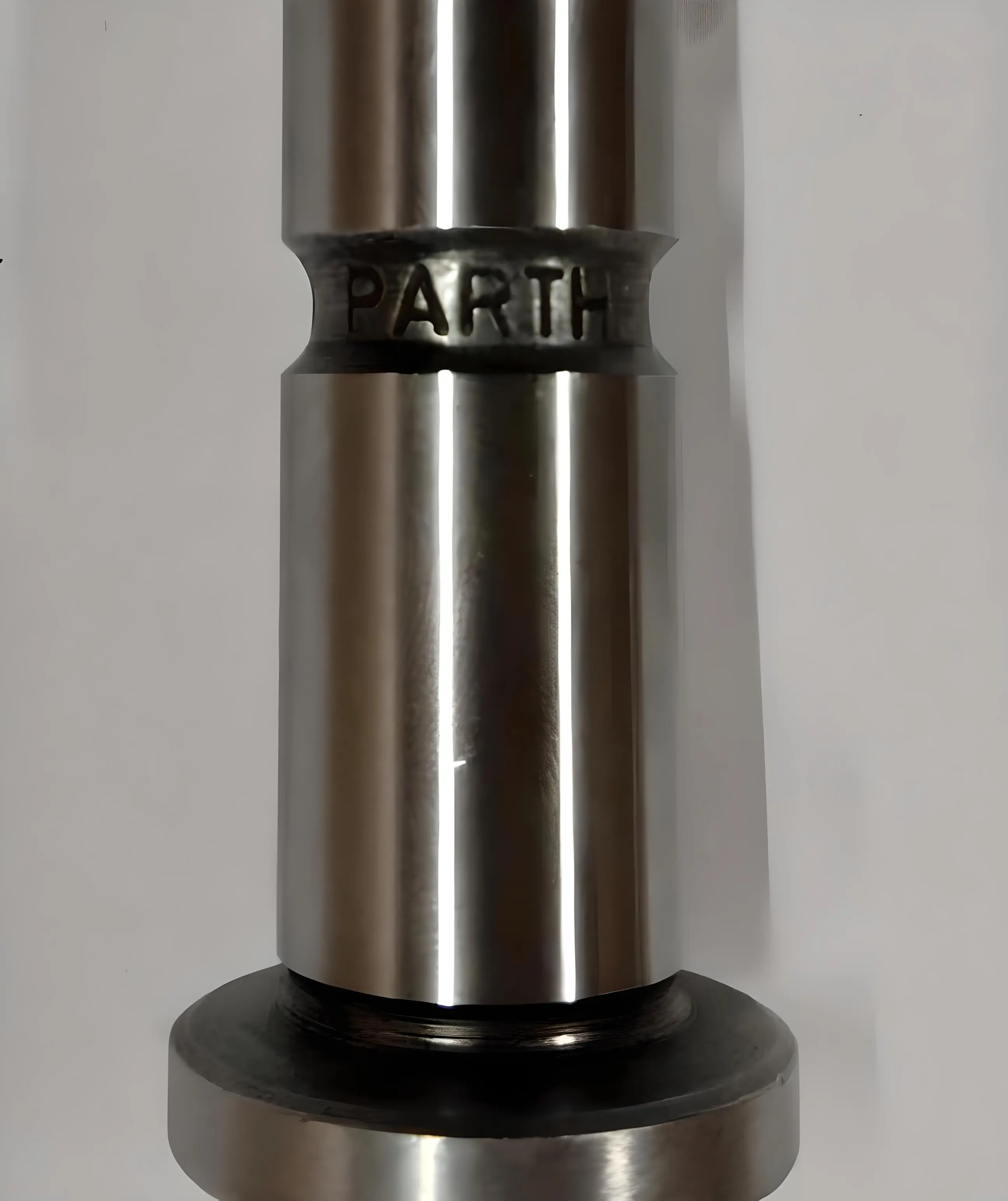 A cylindrical metal mushroom tappet with the inscription 'PARTH' on the middle, displayed on a white background, vertical view.