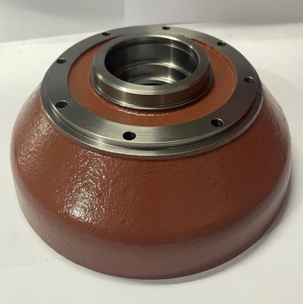 A metal housing component with a red textured base, multiple bolt holes, and a central circular opening, displayed on a white background.
