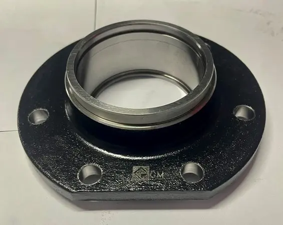 A metal flange component with a black base and multiple bolt holes, displayed on a white background.