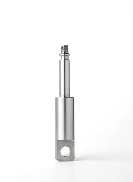 A metal pin component with a threaded end and a hole at the base, displayed on a white background.