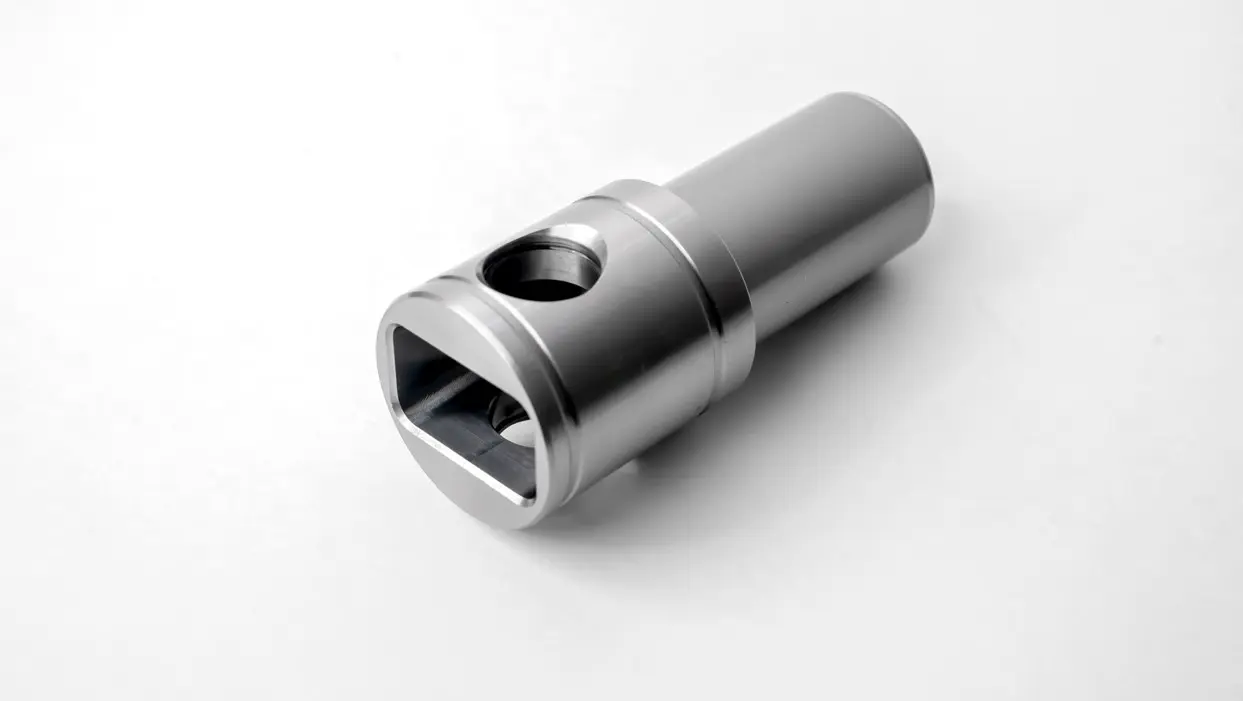A metal piston guide component for pumps, featuring a cylindrical shape with a side hole and an open end, displayed on a white background.